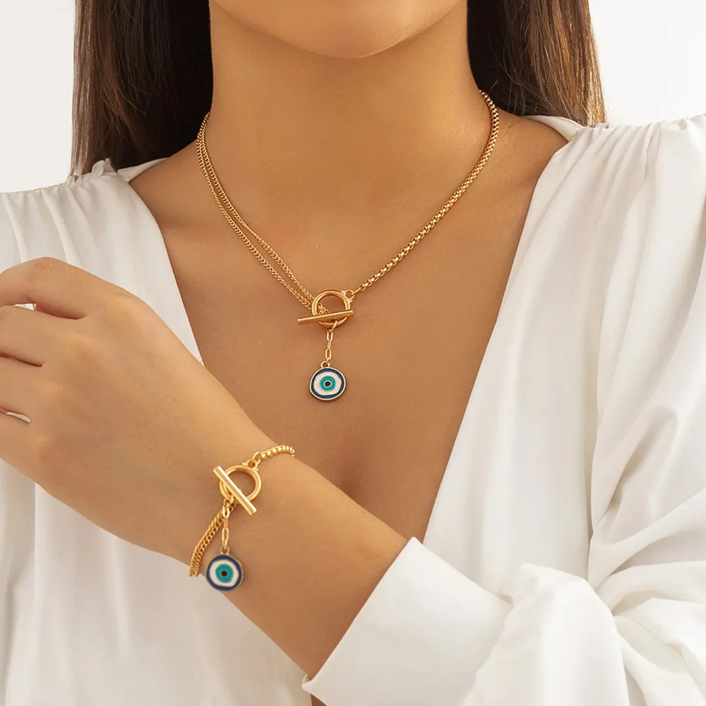 

Asymmetries Evil Eye Pendant Necklace Bracelet for Women Minimalist OT Buckle Clavicle Chain Necklace Party Jewelry Gift 2022