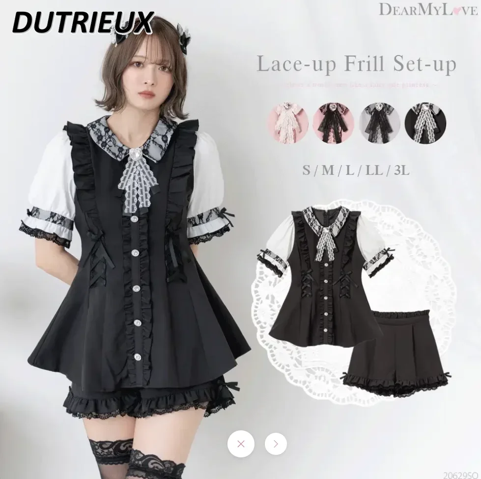 

Sweet Bow Mid-Length Blouse Shorts Set Summer Women's Japanese Sweet Short-Sleeve Shirt Shorts Set Lace Wooden Ear Slim Fit Suit