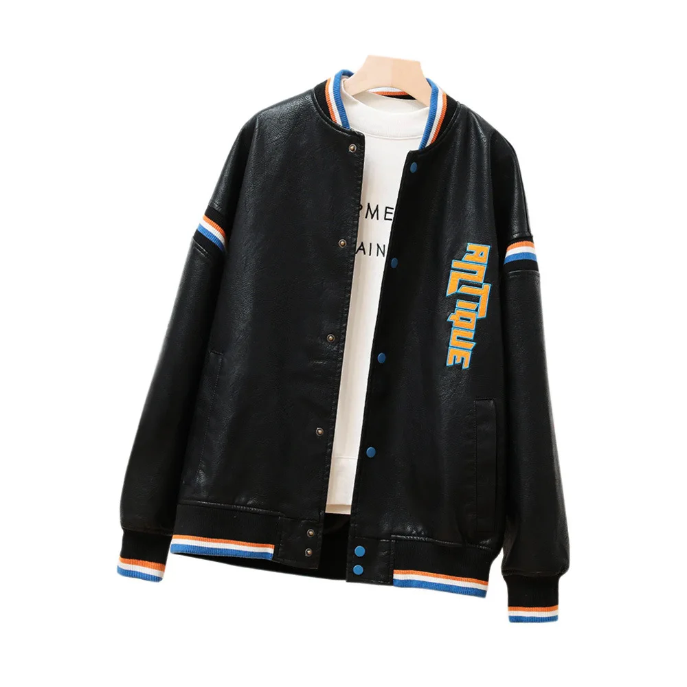 2023 autumn clothes new handsome loose version type couple's leather clothes women's baseball leather jacket tide coat