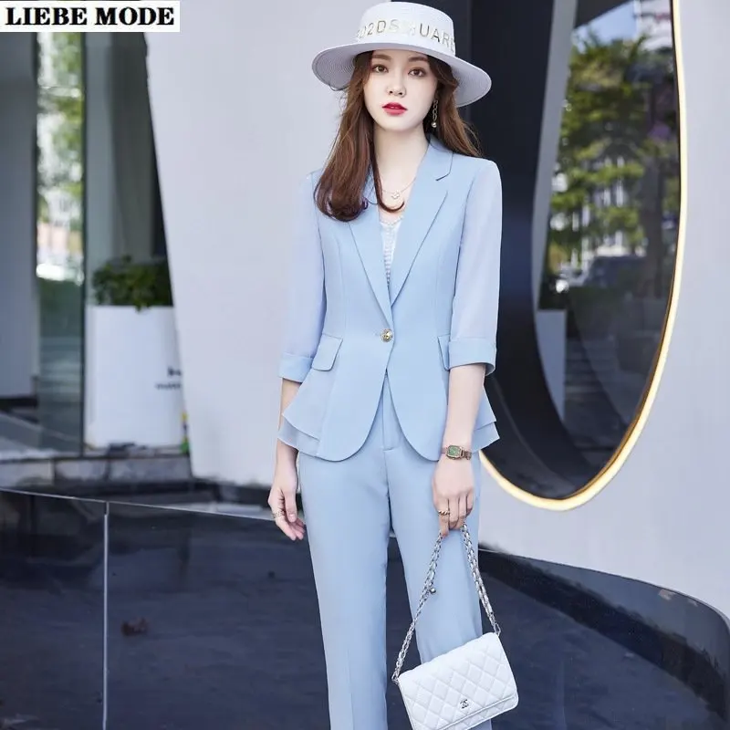 

Женские деловые костюмы на лето, Женский Модный облегающий блейзер с рукавом 1/2 и брюки, Женская офисная одежда для работы, черный, белый костюм с брюками