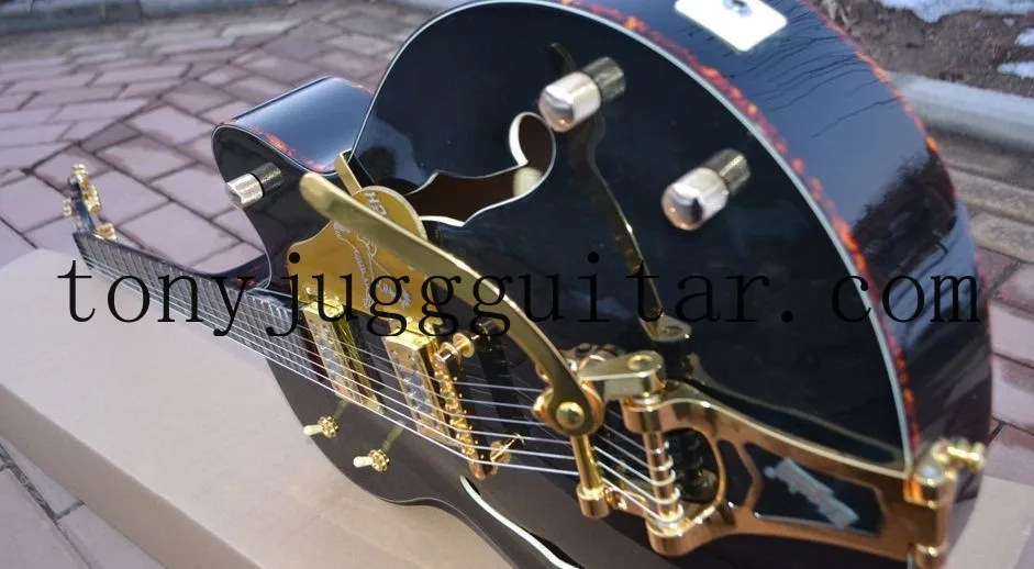 

Rare Black Falcon G6120 Semi Hollow Body Jazz Electric Guitar Turtle Shell Body Binding, Double F Holes, Big Tremolo Bridge,