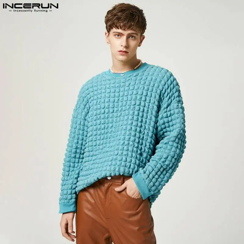 

INCERUN Tops 2023 American Style New Men Personalized Jacquard Camiseta Casual Streetwear Male Solid Long-sleeved T-shirts S-5XL