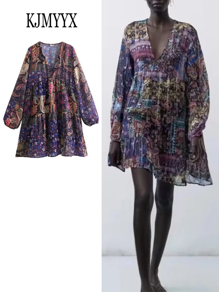 

KJMYYX 2023 женское модное сексуальное мини-платье с принтом, женские винтажные платья с глубоким V-образным вырезом и длинным рукавом, женское Повседневное платье