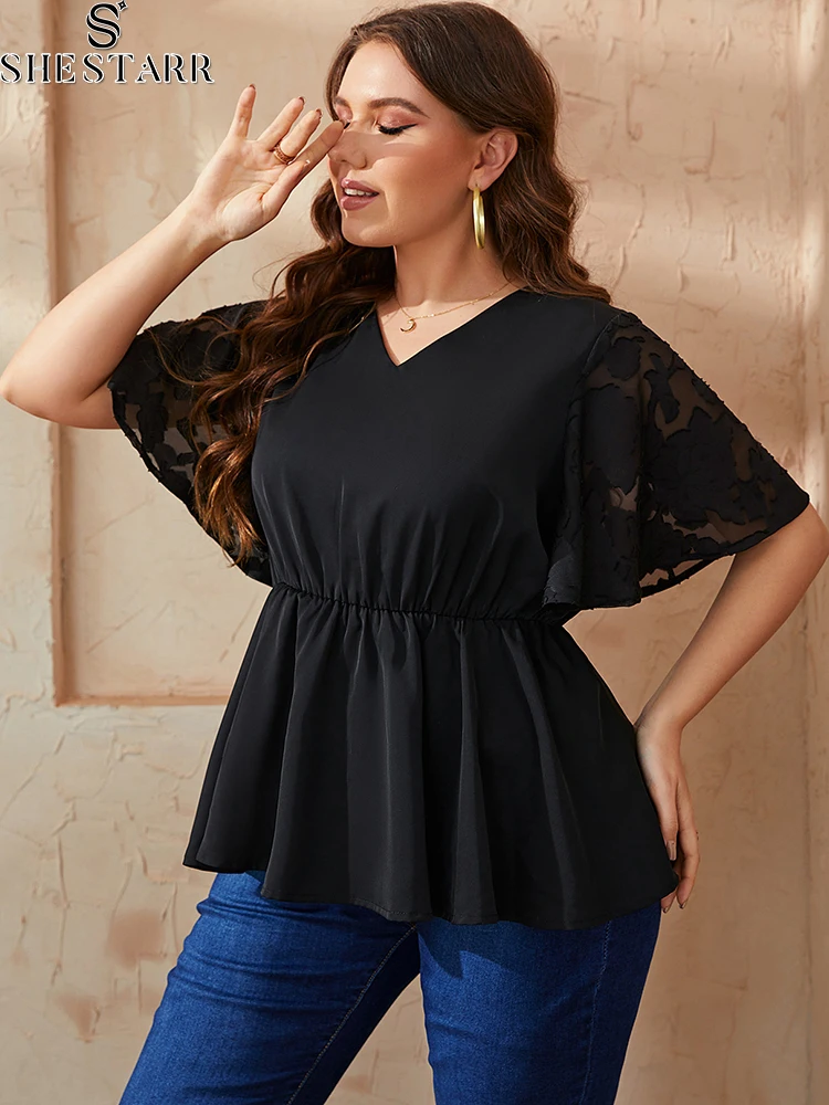 Mesh Patchwork Summer Blouse for Women 2022 V-neck Short Sleeve Nipped Waist Woman Curvy Tunic Ladies Tops Plus Size Woman Cloth