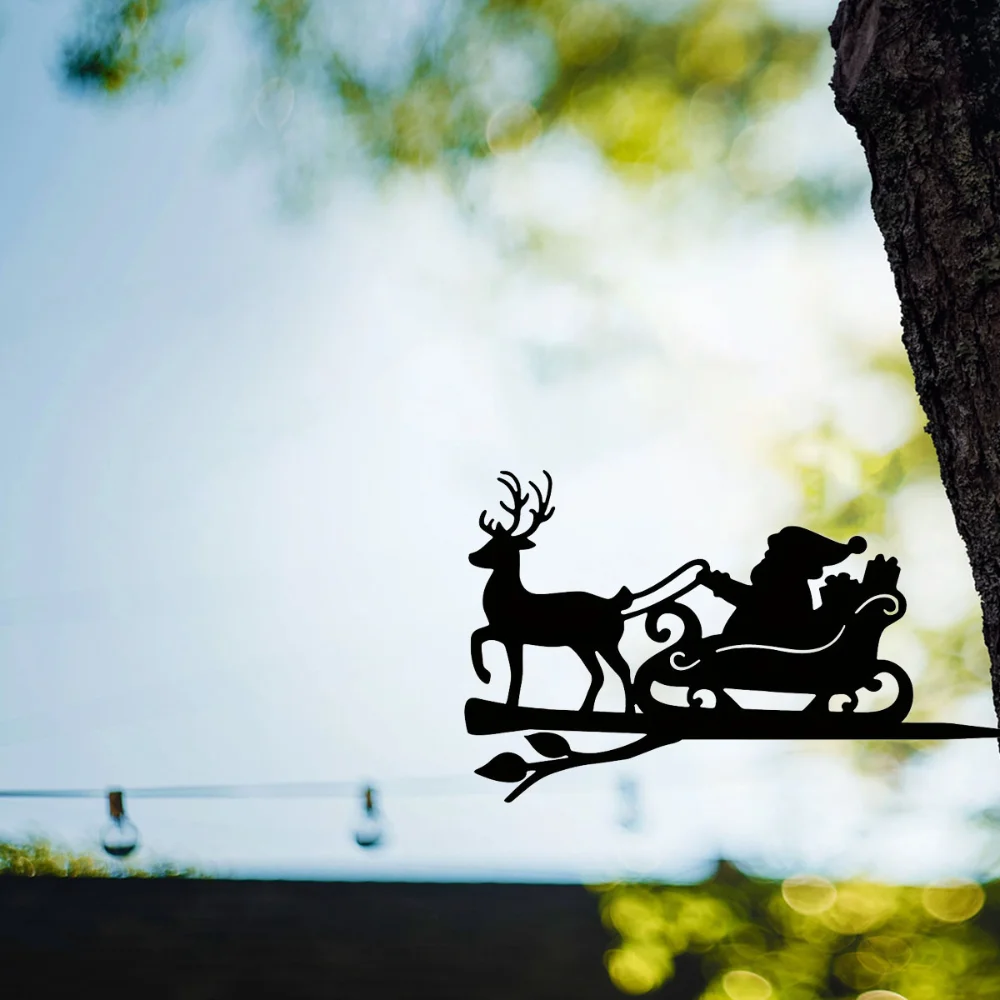 Олень и Санта-Клаус на ветке стальной силуэт металлический настенный