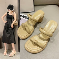 women slippers 2022 new summer female pu leather square toe concise slip on sandals ladies block heels outdoors casual footwear