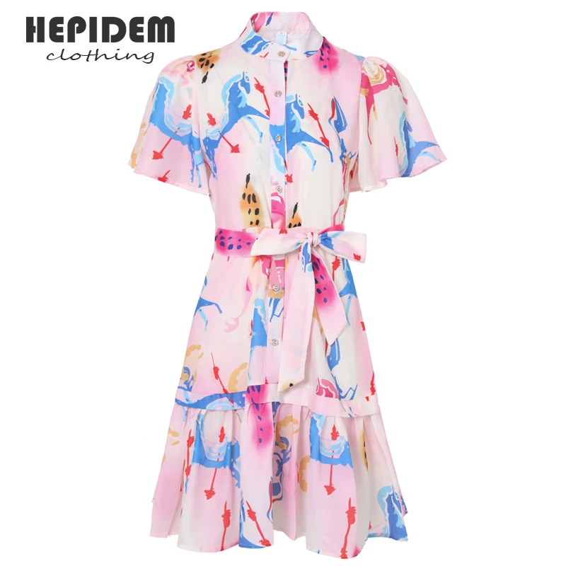 

HEPIDEM Clothing Summer Print Flower Short Dress Women 2022 New Short Sleeve Mesh Vintage Jacquard Slim Dress 69974