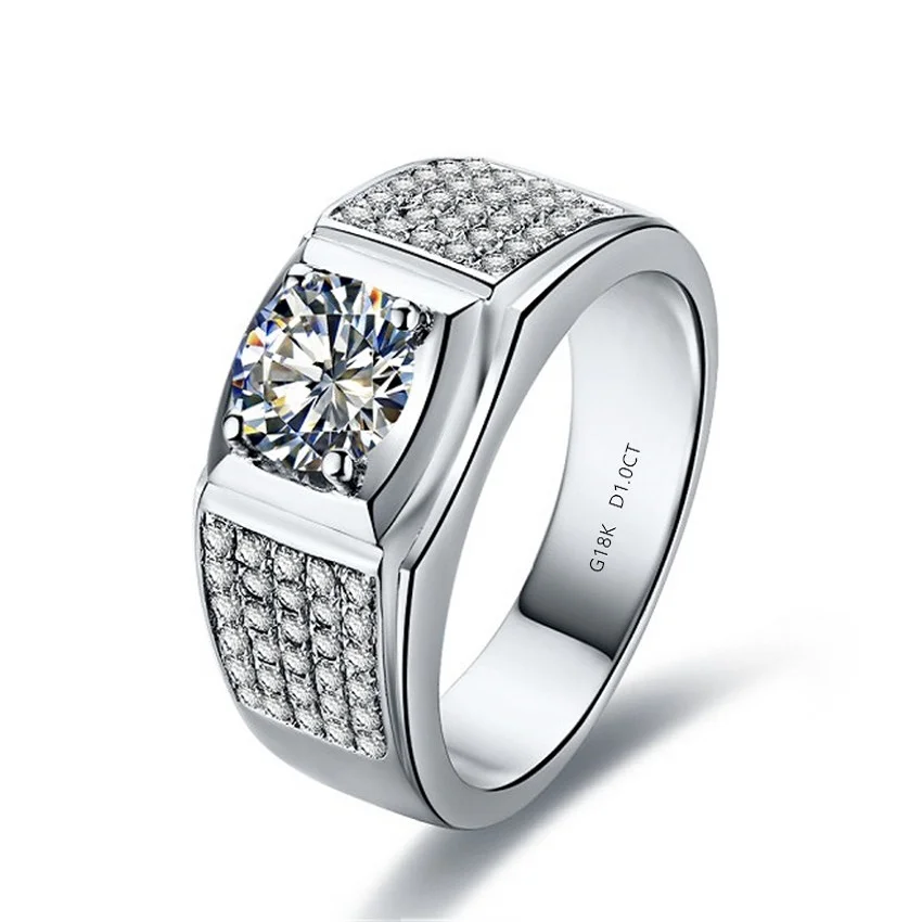 White Gold 750 Certifed 1CT Moissanite Diamond Men's Engagement Ring Love Promise Finger Ring For Husband Best Birthday Gift