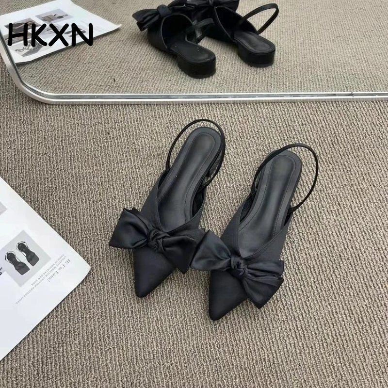 

Женские босоножки на толстом каблуке, черные/Серебристые сандалии с бантом, с острым носком, шлепанцы на низком каблуке, весна-лето 2022