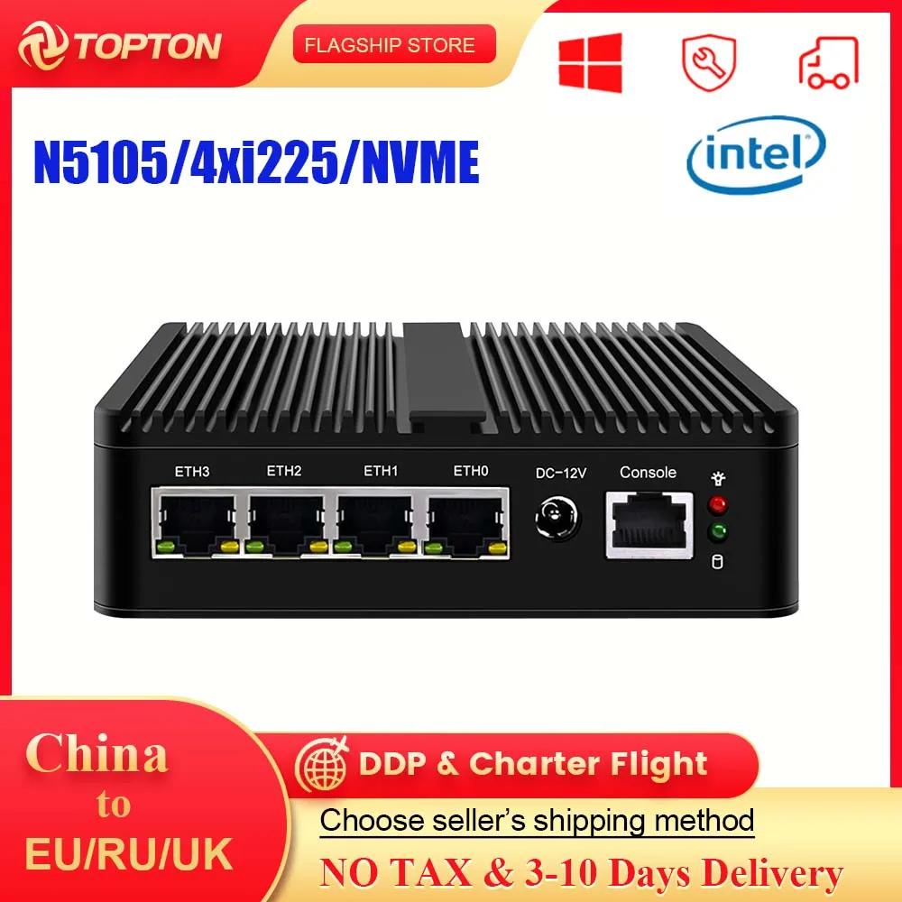 4x Intel i225-V B3 2.5G LAN N5105 pfSense Firewall Router 2xDDR4 NVMe 4xUSB HDMI2.0 OPNsense PVE ESXi Industrial Fanless Mini PC