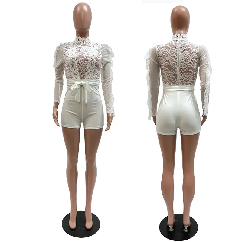 Women O Neck Lace Patchwork Playsuit Rompers Solid Ruffles Long Sleeve See Sexy Through Jumpsuit Outfit Party Clubwear Overalls