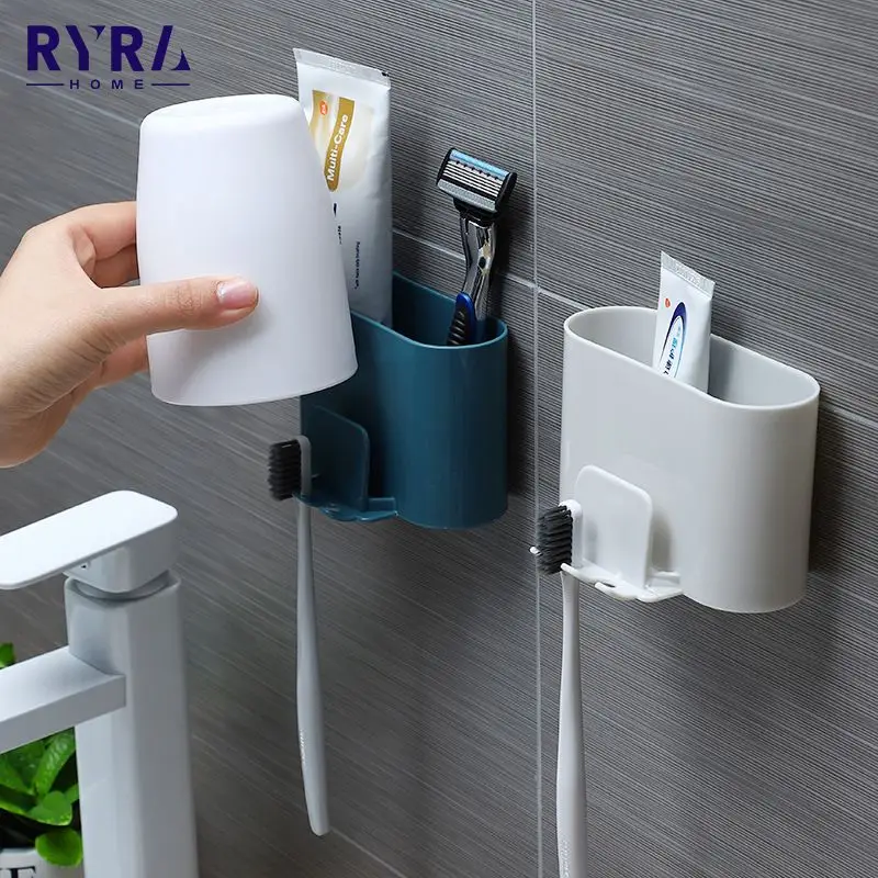 

Toothbrush Holder Bathroom Punch-Free Tooth Cup Rack Household Wall-Mounted Mouthwash Cup Holder Storage Box Bathroom supplies