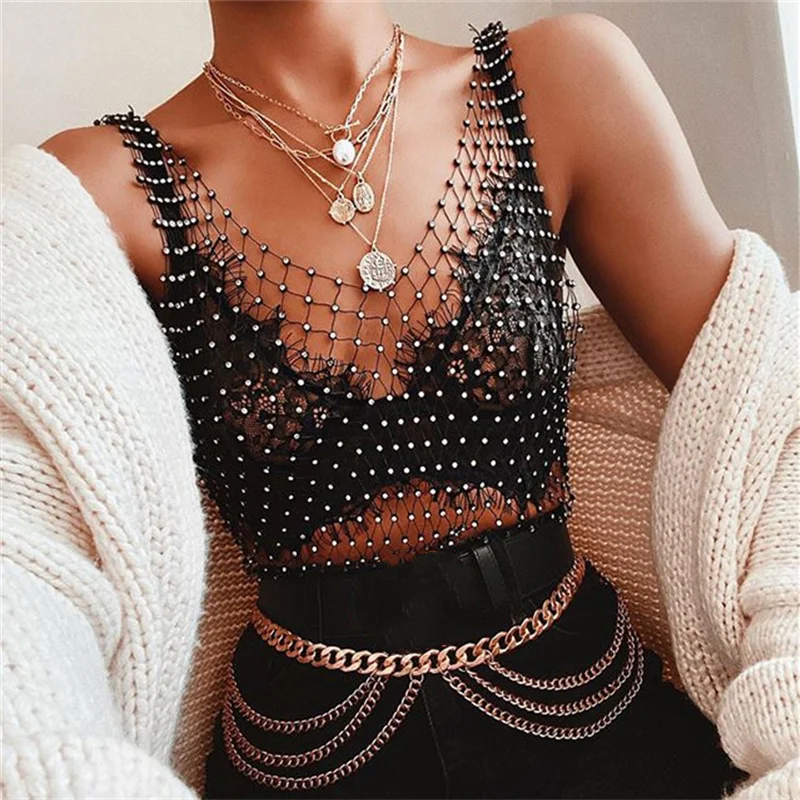 

Сексуальная прозрачная сетчатая майка со стразами, Женская сетчатая рубашка, блузы, летняя Клубная одежда для вечеринки, укороченный топ, ж...