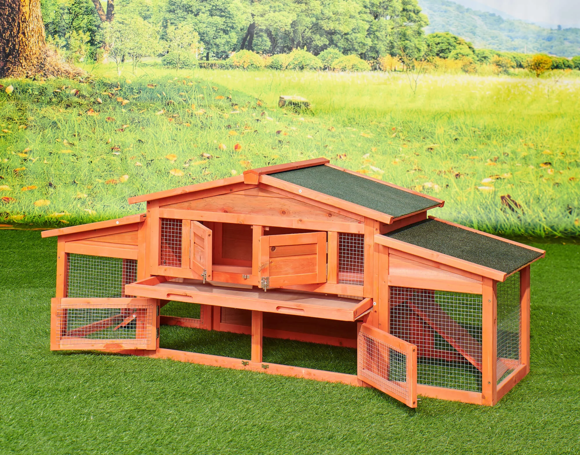 

Furniture 71' Large Wooden Rabbit Hutch Small Animal House with 2 Run Play Area for Guinea Pigs Chickens Or Other Small Animals