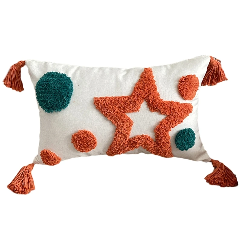 

Throw Pillow Case with Tassel Woven Tufted Abstract Geometric Star Cushion Cover