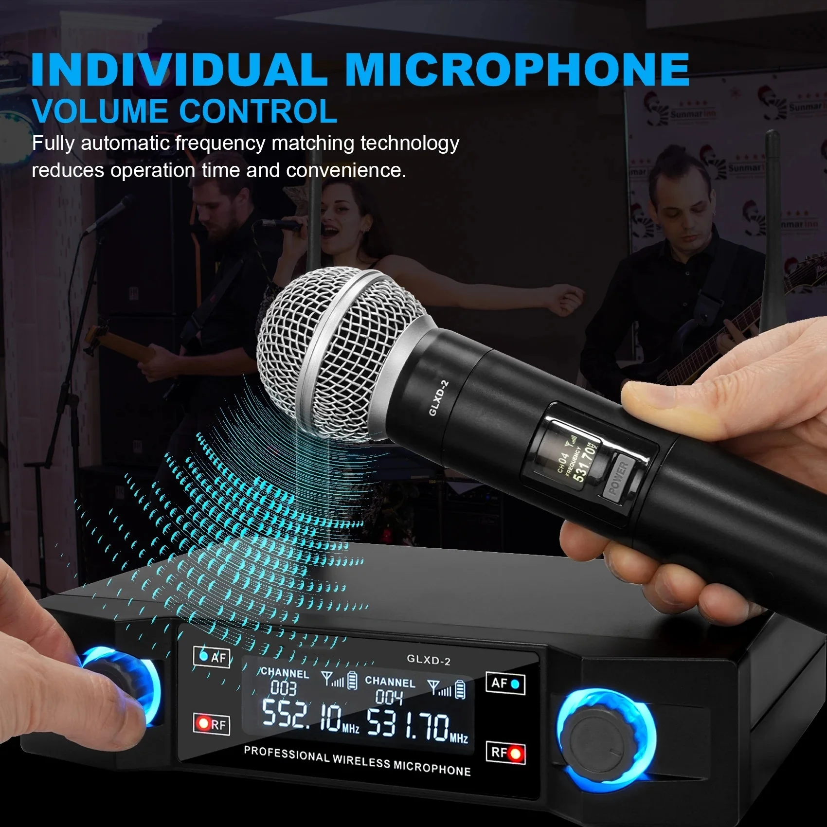Фото GLXD2 Профессиональная беспроводная микрофонная система, двухканальный UHF беспроводной ручной динамический микрофон с фиксированной частотой для караоке-вечеринки №3