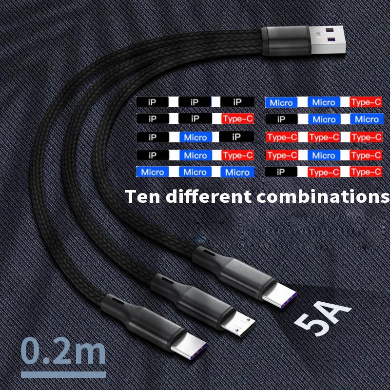 

3-in-1 Durable Nylon Braided Cable For Iphone Android Type-c Huawei Xiaomi Mobile Charging One Drag Three Data Lines 1.2m/0.2m