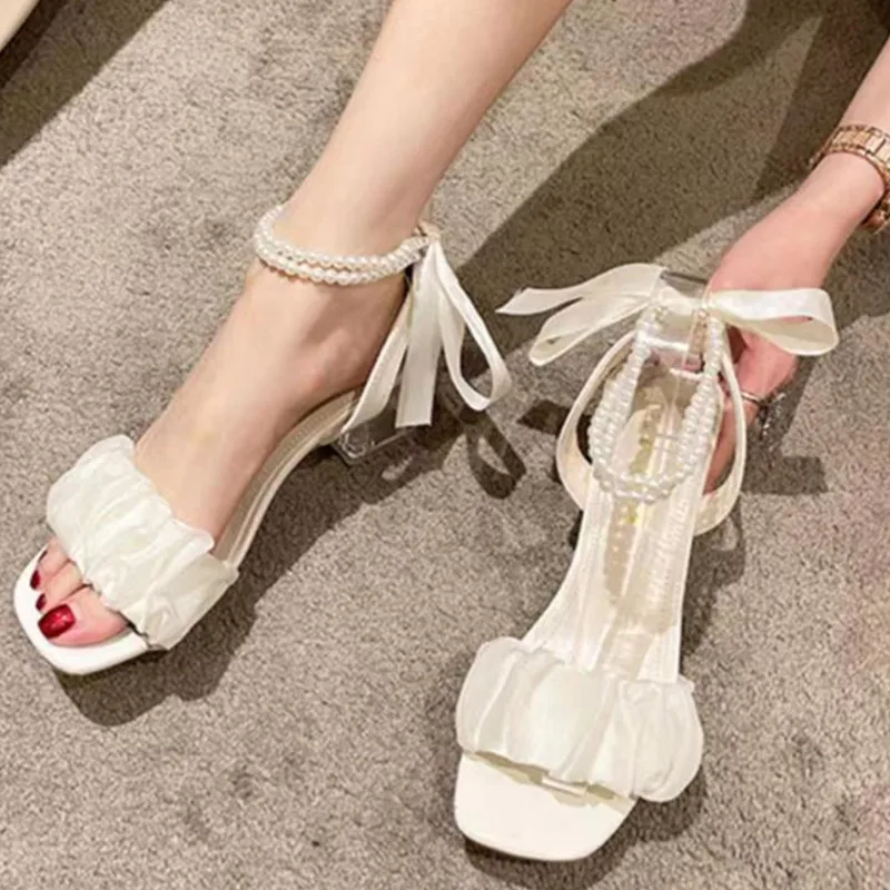 

Sandals Shoes Strappy Heels Med Suit Female Beige New Plastic Fashion Lace Up Pearl Block Comfort Clear Girls Sandals Gladiator