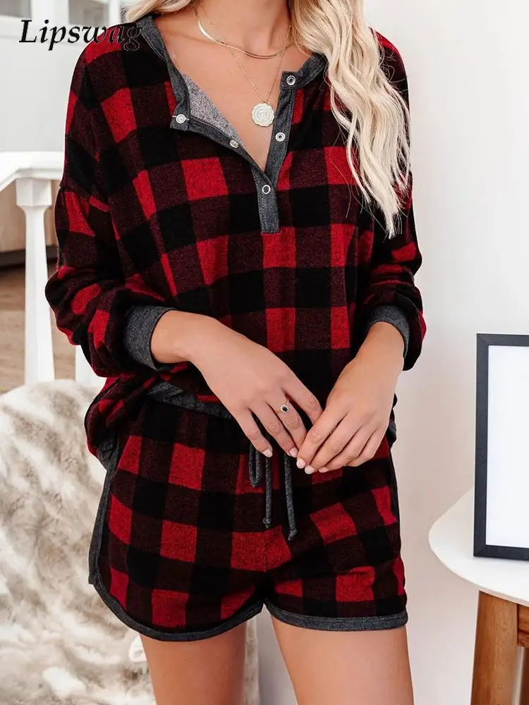 

Women Casual Shorts Suits Summer Fashion Plaid Printing Two Piece Sets For Ladies Elegant Long Sleeve Button-up Shirts Outfits