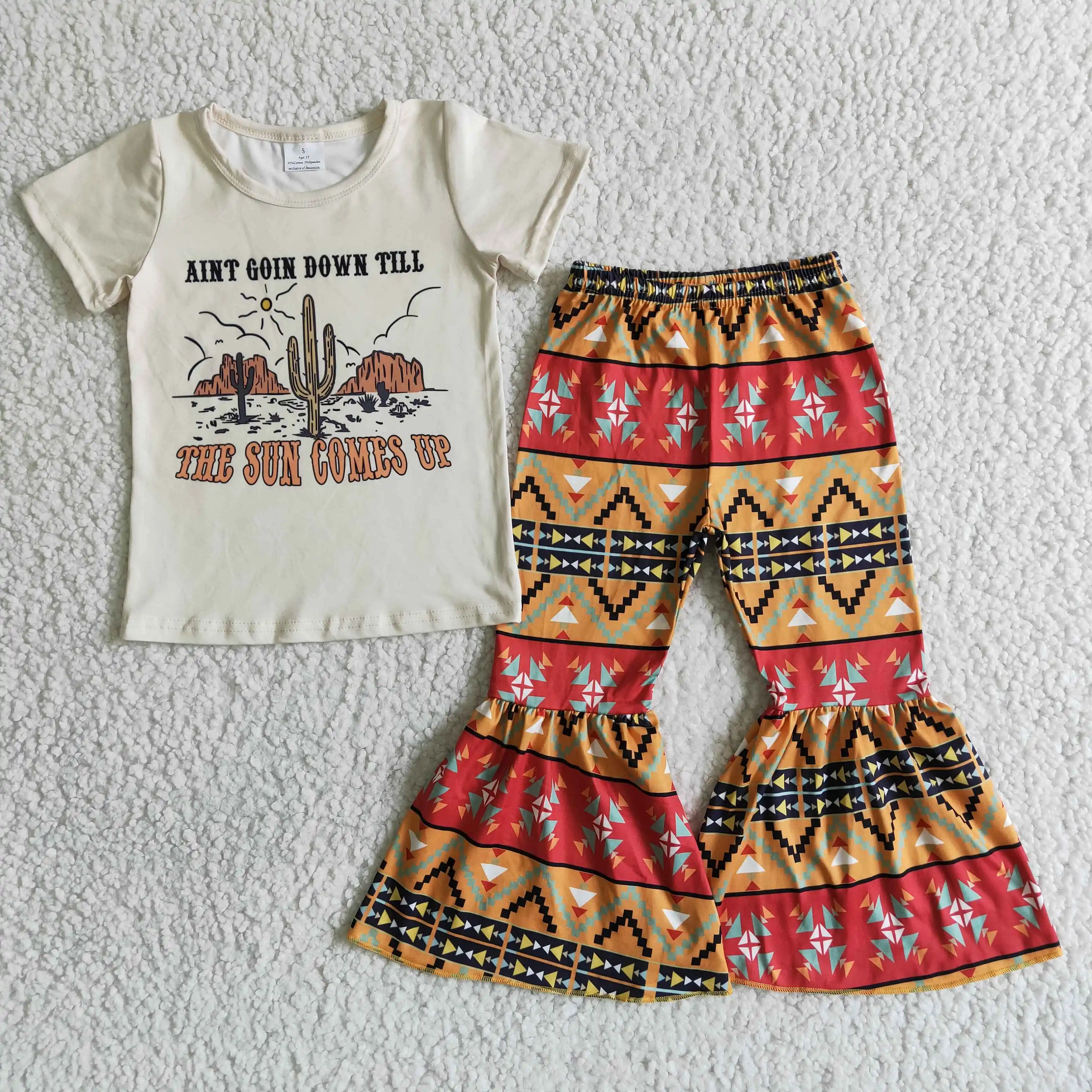 

RTS Western Baby Girl Cactus Print Letters Down Up Short Sleeve Tee Shirt Boutique Outfits Baby Bell Bottom Sets Children Wear