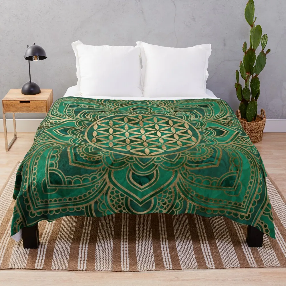 

Flower of Life in Lotus - Malachite and gold Throw Blanket Beach Blanket