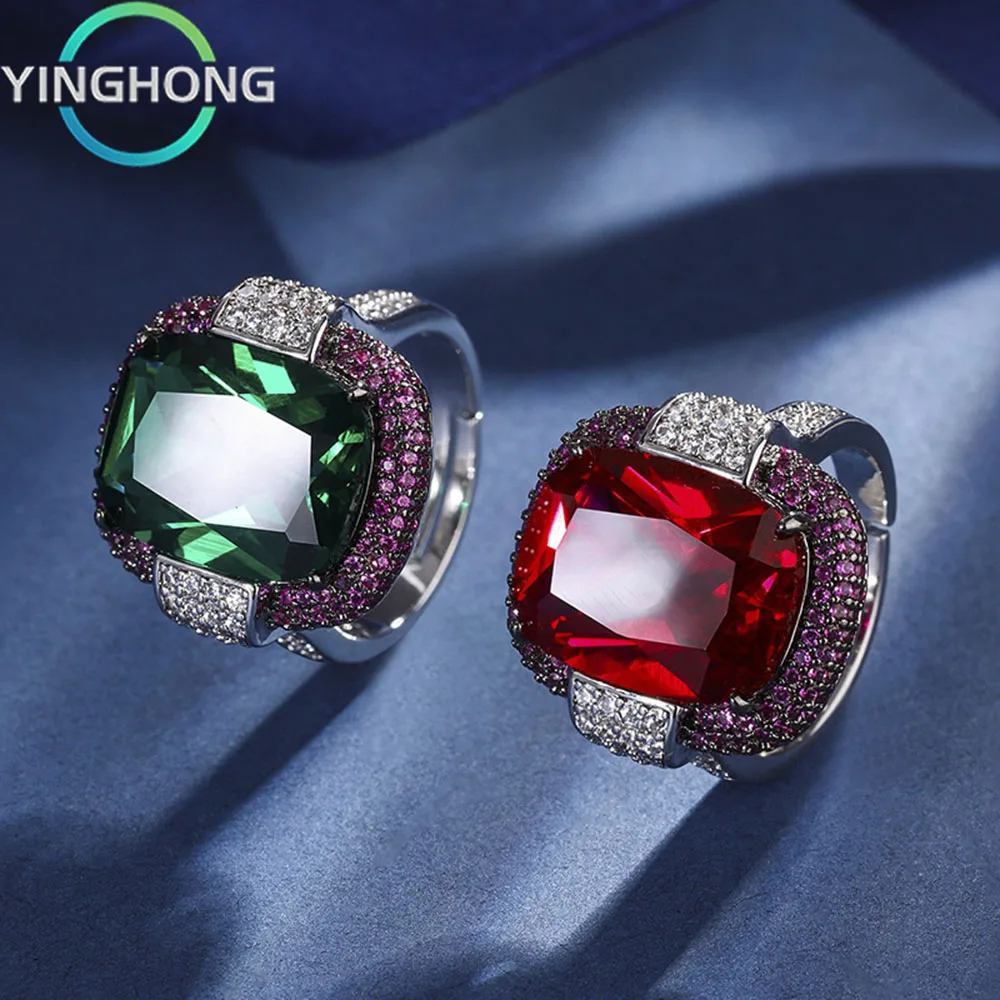 

QueXiang 2023 New S925 Sterling Silver Emerald Red Corundum Square Diamond Ring Women's Jewelry Charm Fashion Luxury Gift