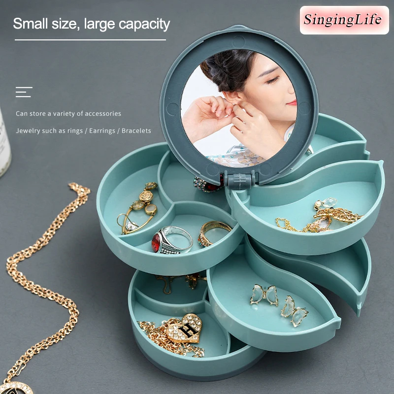 

Шкатулка для хранения ювелирных изделий, 4-уровневый пластиковый вращающийся бокс для хранения косметики с зеркалом, для браслетов, серег, ч...