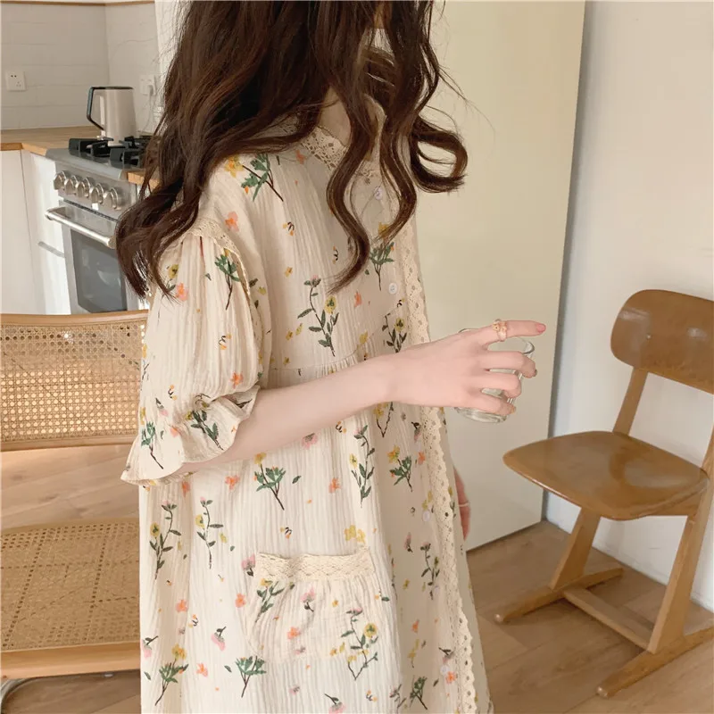 New Summer Korean Women Pajama Sweet Lace Ladies Cotton Yarn Cute Casual Loose Comfortable Loungewear Pajamas Long Dress