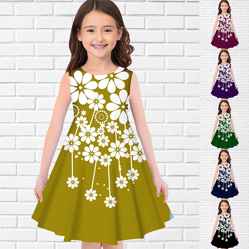 

2023 Summer Dress Girl 3D Printed Children's Partydress Sleeveless Princess Dress Beautiful Floral Skirt Daily Knee-length Skirt