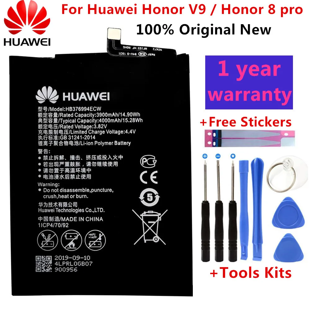 

Original HB376994ECW phone battery For Huawei Honor 8 pro / honor V9 DUK-AL20 DUK-TL30 4000mAh Batteries+Tool Kits