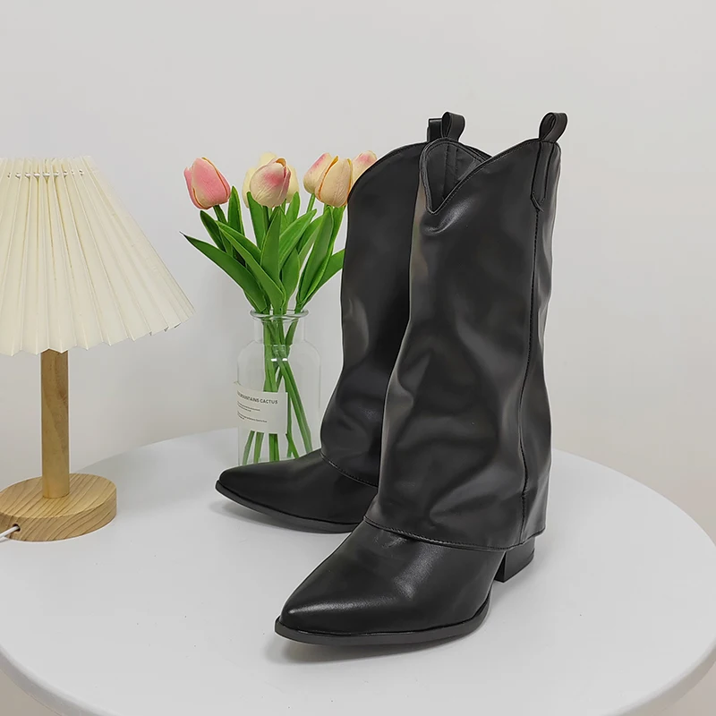 BUSY GRIL 2022 black square root straight trousers boots size 43 pointed toe knight british style calf boots