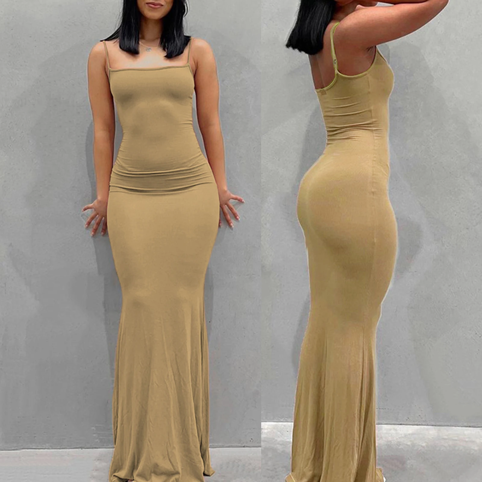 Женское однотонное платье-комбинация без рукавов на тонких бретельках