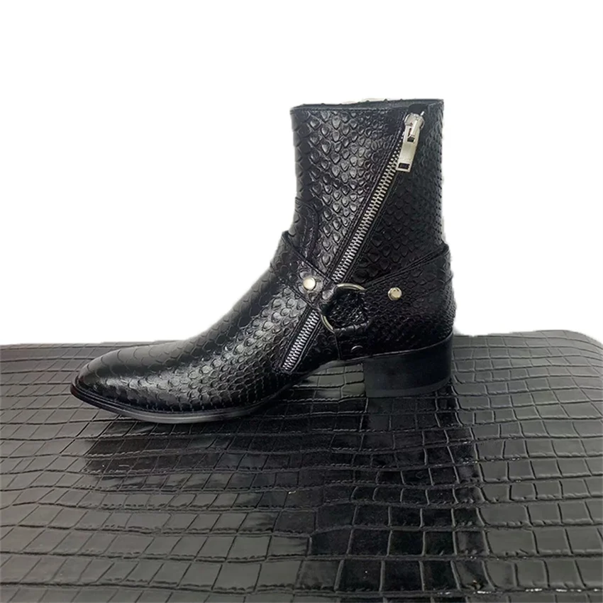 Мужские ботинки ручной работы из коровьей кожи со змеиным ремешком и пряжкой в