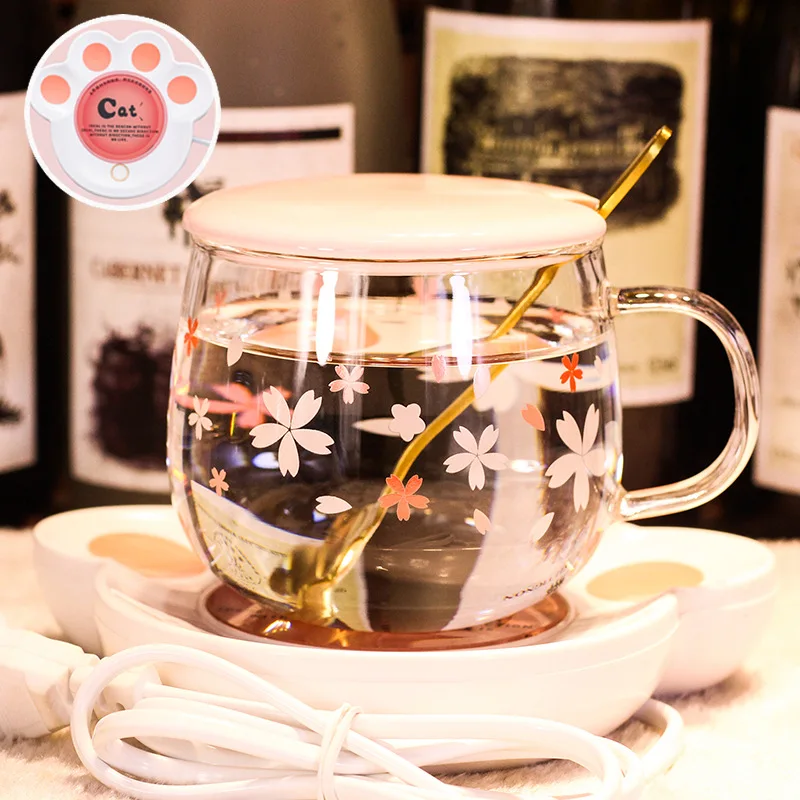 

Cherry blossom scale water cup women's glass with handle single layer with cover to make tea cute transparent heat-resistant mil