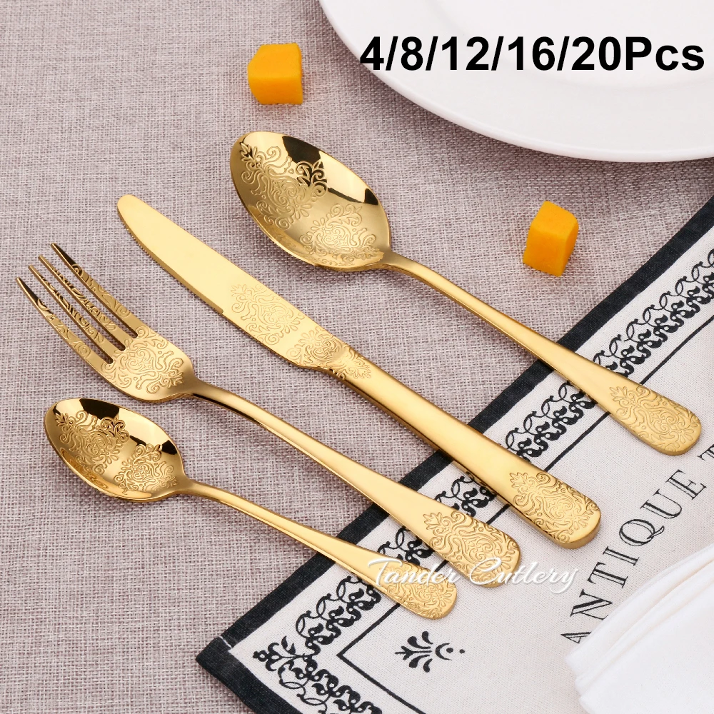 

Набор золотых столовых приборов 4/8/12/16/20 шт., Роскошная Посуда, столовая посуда из нержавеющей стали, винтажный Западный нож, ложка, вилка, кух...