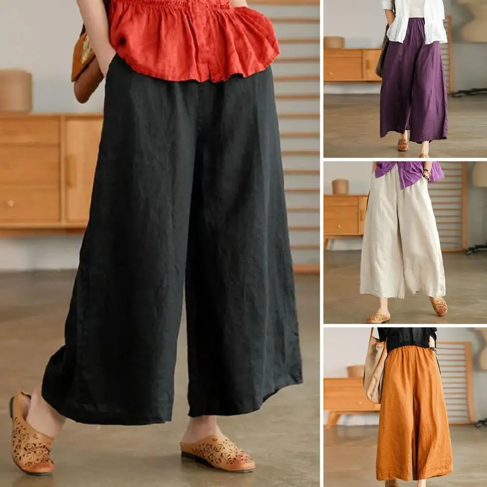 Women Summer Spring Pants Wide Leg Oversized Straight Solid Color Elastic Waist Match Top Pockets Deep Crotch Lady Ninth Garment