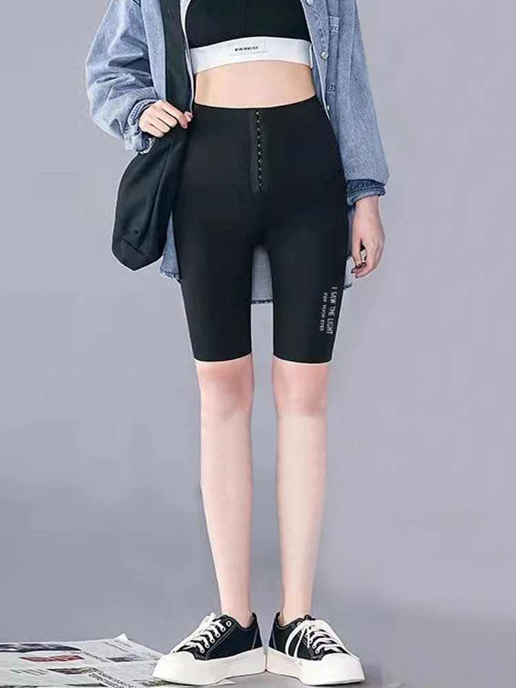 

OUMENGKA High Waist Women Summer Half Length Thin Legging for Fitness Sexy Slim Black Push Up Sports Workout Sportswear