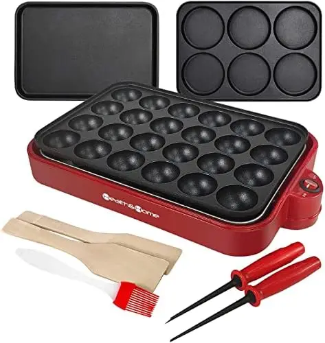 

Nonstick Baking Maker with 3 Interchangeable Plates for Fried Eggs/ Steak, Takoyaki, Cake Pops, Grill, RED-1 Plate for cooking A