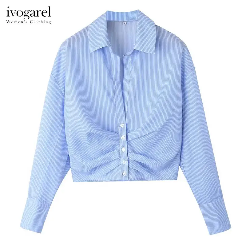 

Ivogarel Elegant Chic Gathered Poplin Cotton Short Shirt Traf Women's Summer Office Top with Johnny Collar Long Cuffed Sleeves