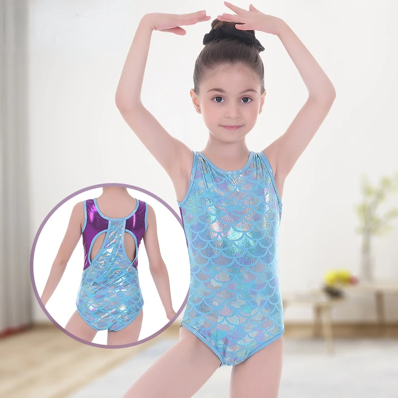 

Glittering Gymnastics Dance Tank Suit Sleeveless Shiny Metallic Skating Leotards Blue Scales Ballet Outfit Kids Girls Bodysuit