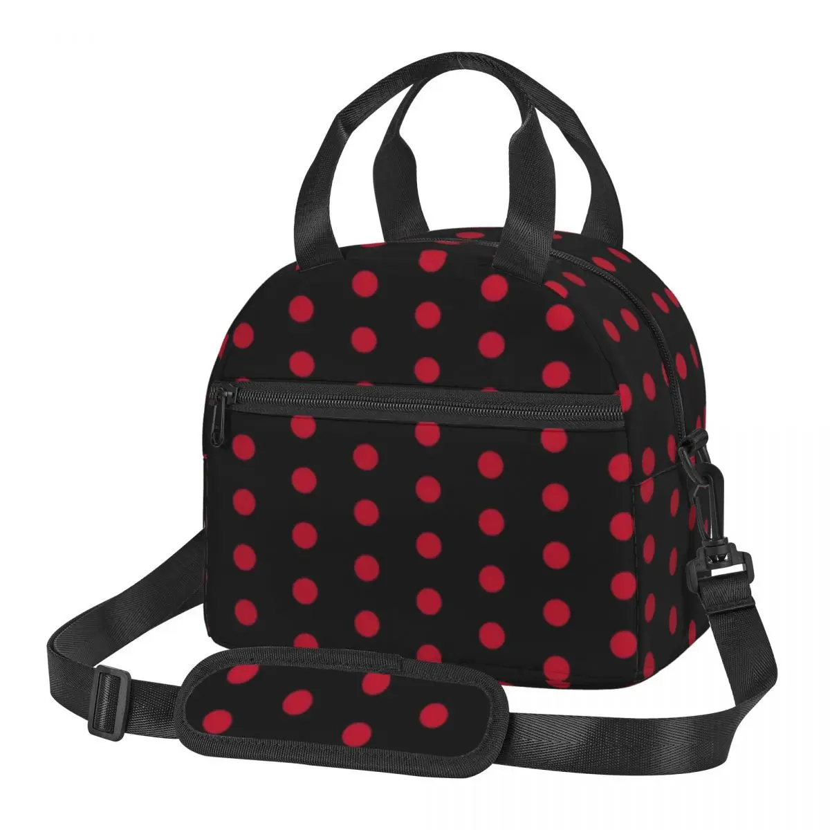 

Black With Red Polka Dot Lunch Bag with Handle Dotted 70S Vintage Meal Cooler Bag Modern Cooling School Thermal Bag