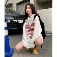 Women White Sweatshirt Hooded Letter Heart Pattern Hollow Out Fashion Hip Hop Oversized Leisure Loose Winter New Tops Pullover