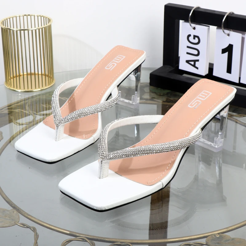 Women's shoes 2022 summer online celebrity square rhinestone high-heeled sandals transparent slippers with thick heels plus size