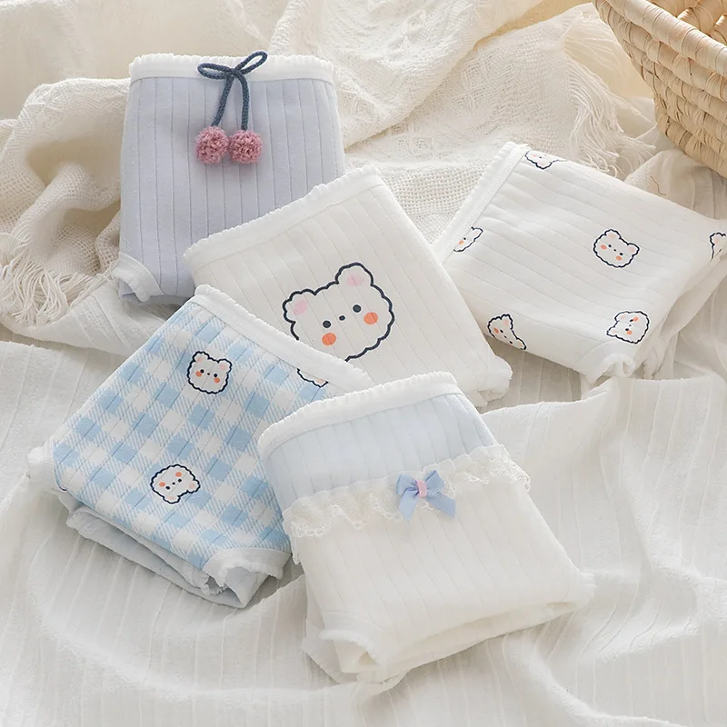 

Young girl Underwear 6pc/lot Cotton Lovely middle Waist Briefs student Panties children blue pink bear print Teenagers M-XL