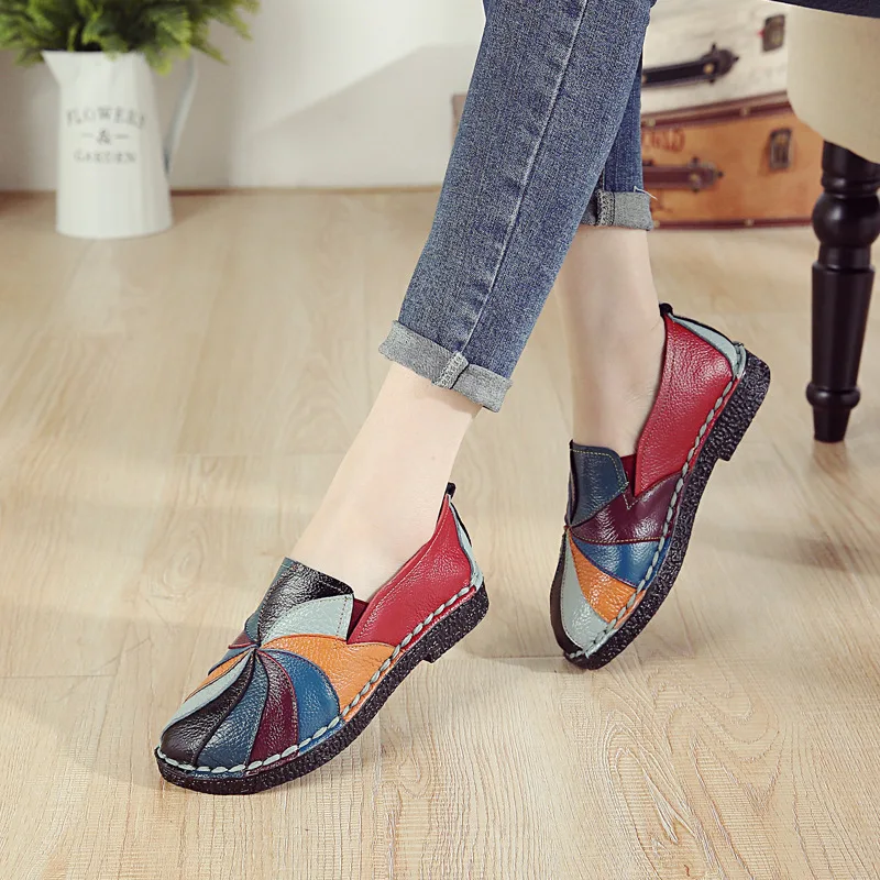 Colorful Patched Sneakers Women Shoes 2023 Retro Luxury Handmade Shoes 2023 Women Spring Genuine Leather Moccasins Plus Size 42