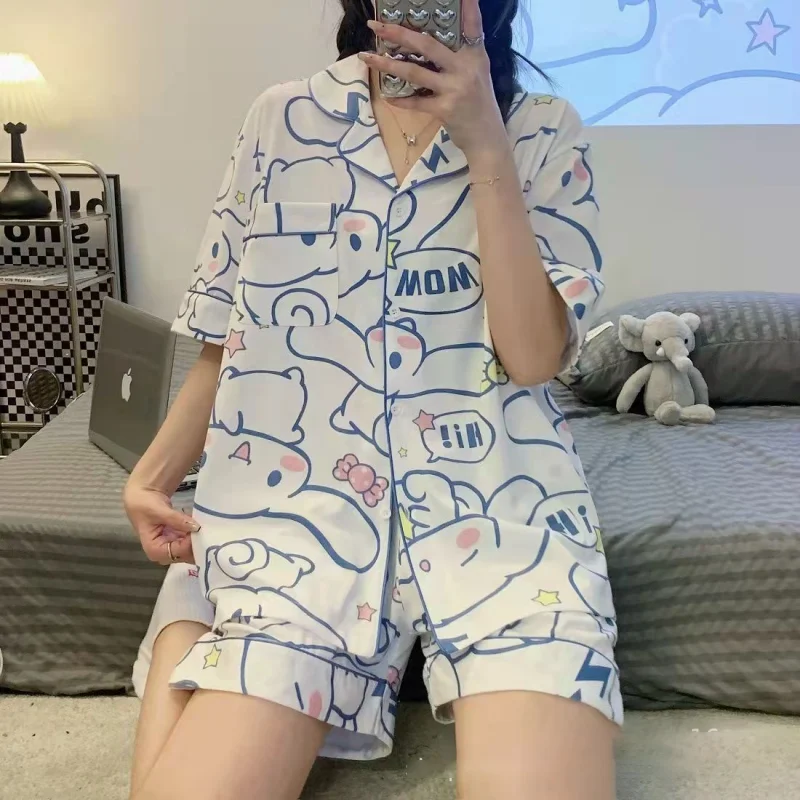 

Kawaii Sanrio Pajama Set Cute Hellokittys Kuromi My Melody Cinnamoroll Cartoon Short Sleeve Homewear Suit Costume for Girls Gift