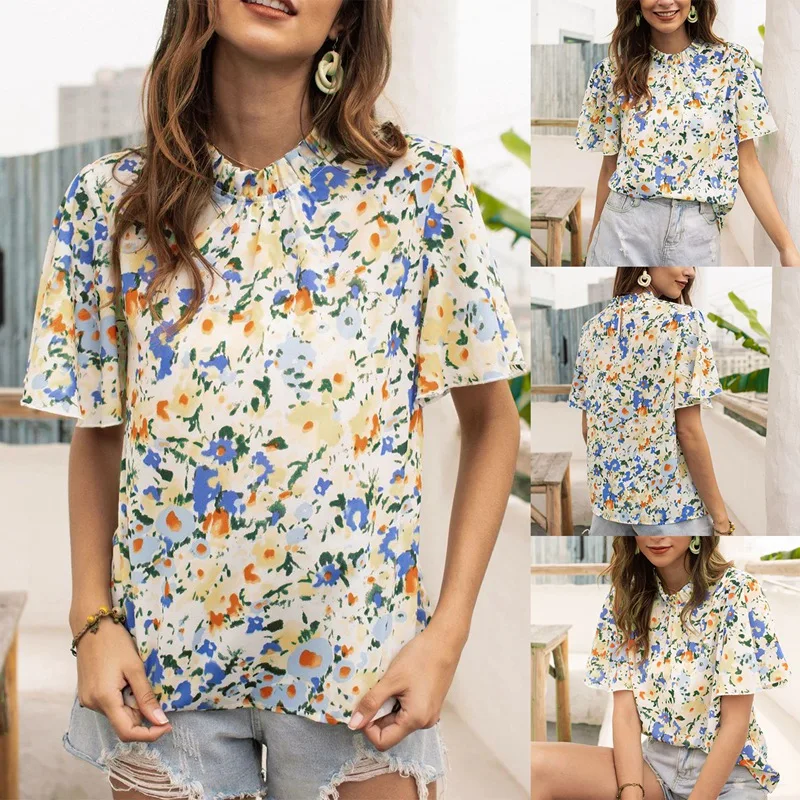 

Women's High Neck Printed Fashion Floral Short Sleeve T-Shirt Flower Color