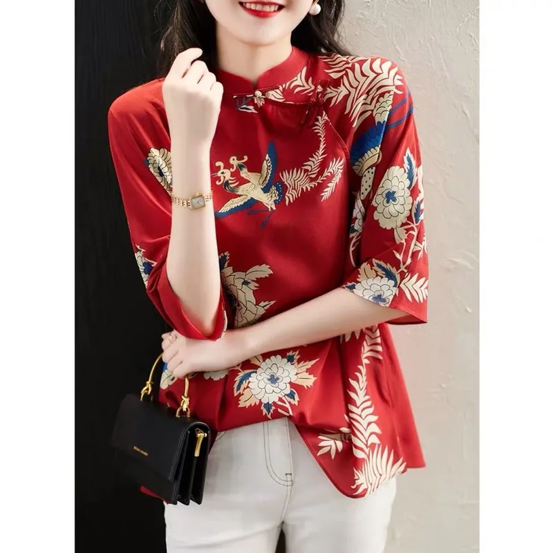 Summer Loose Retro Top Buckle Stand Collar Chinese Cheongsam Style Shirt For Women Casual Hanfu Blouses Party Vintage T-shirt