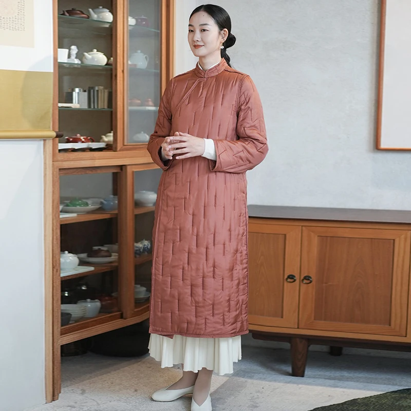 Winter new long single-breasted vintage skinny mulberry silk cotton jacket