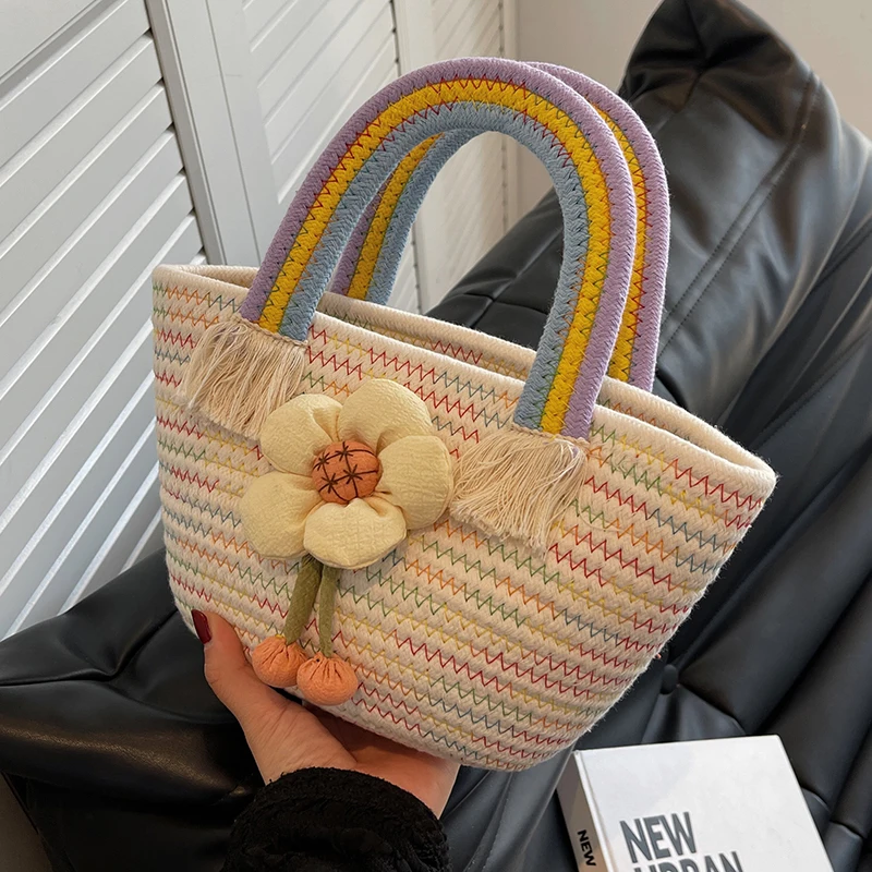 

Sweet Flowers Top-Handle Bags Women 2023 New Autumn and Winter Texture Woven Bucket Bag Fashion Portable Hand Bags for Women